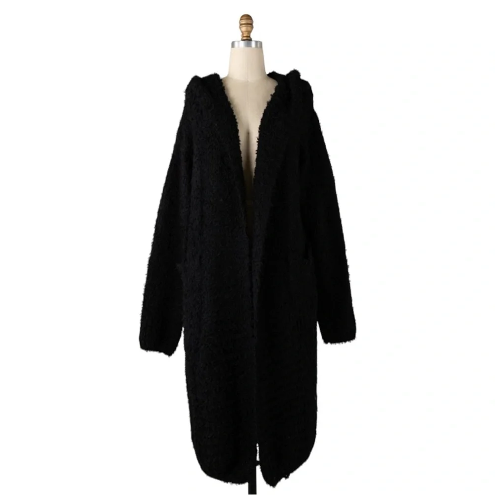 Miracle NWT Cozy Black Hooded Women Cardigan Sweater with Front Pockets - Picture 1 of 8